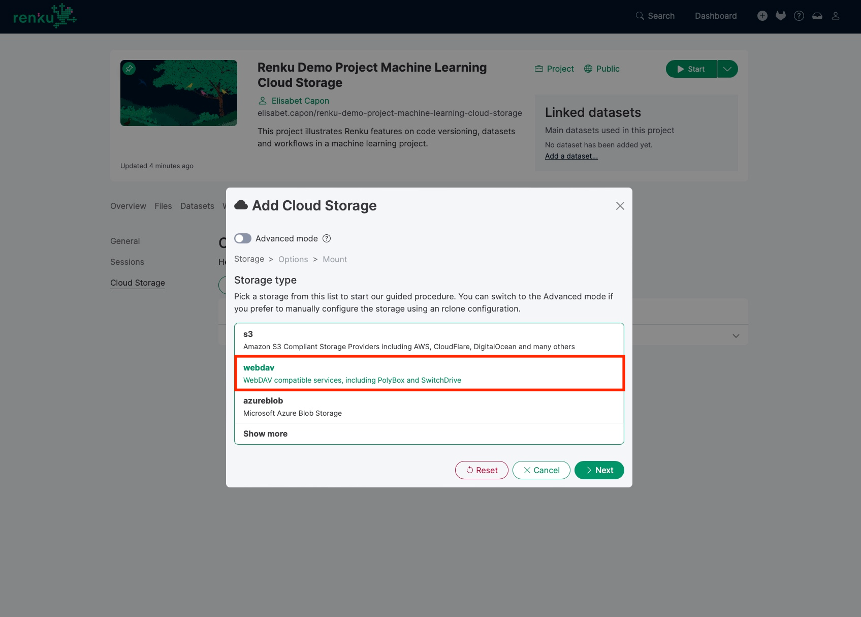WebDAV storage selection
