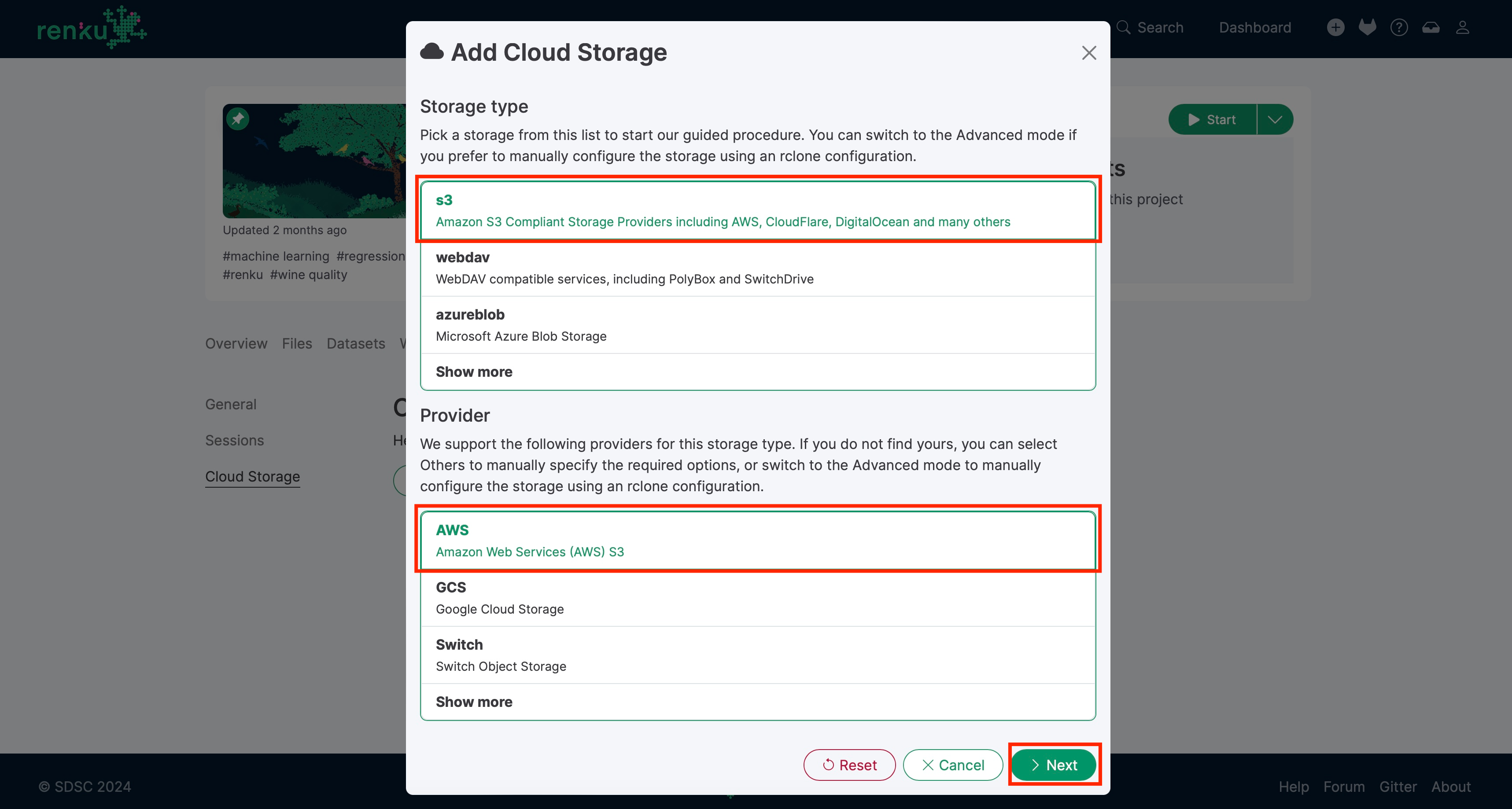 Storage type and provider selection