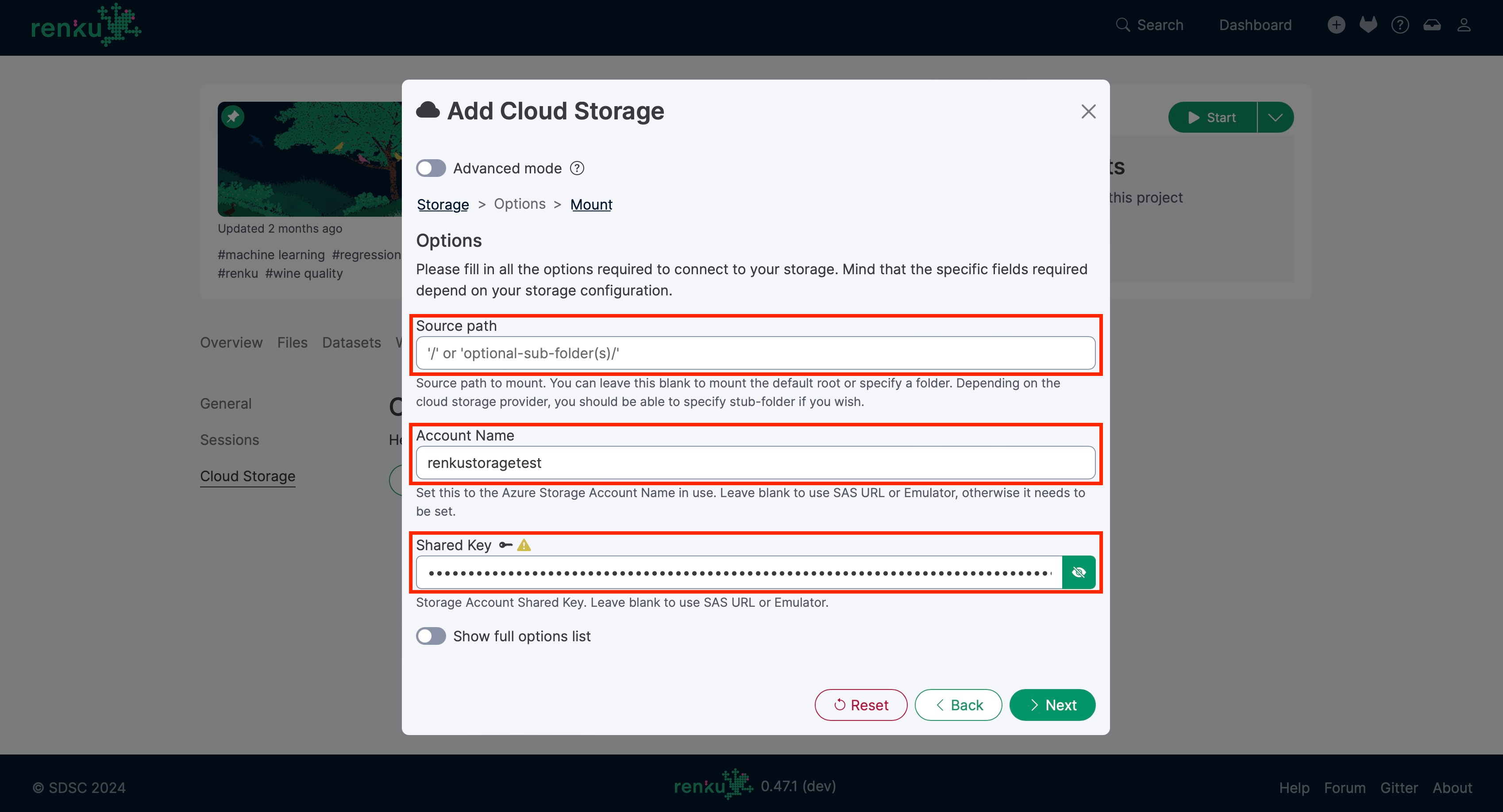 Azure blob options configuration