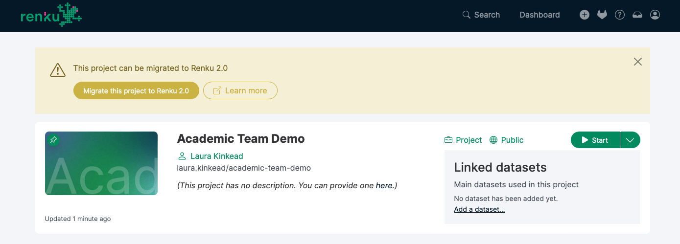 The migration banner invites you to migrate your project to Renku 2.0. 