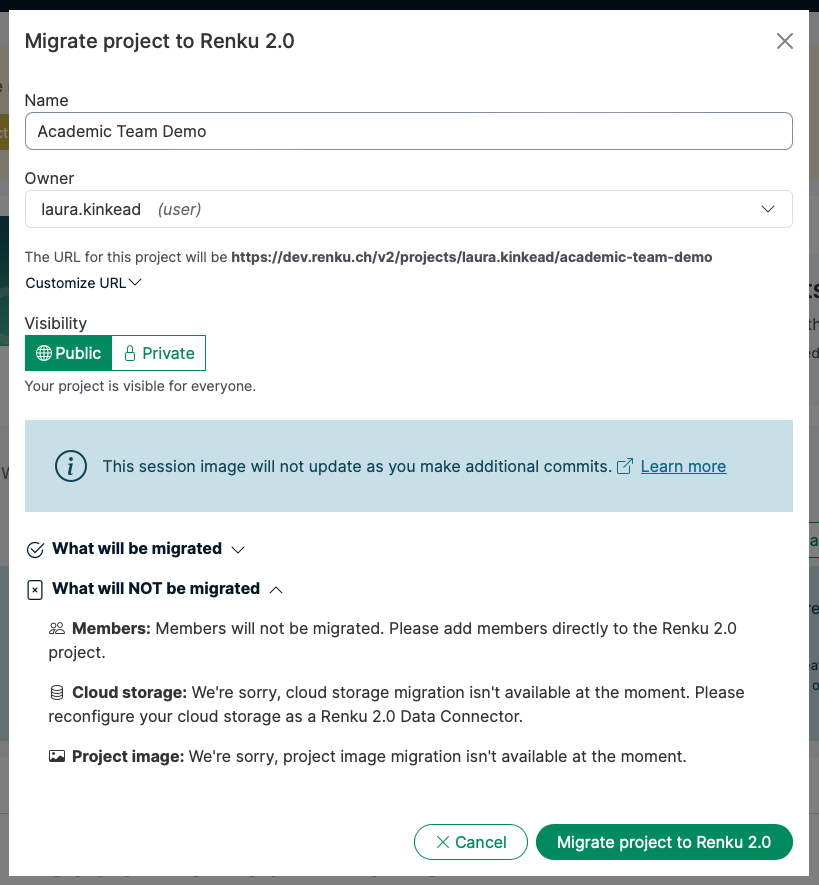 The migration modal shows you what components of the project will and will not be migrated. 