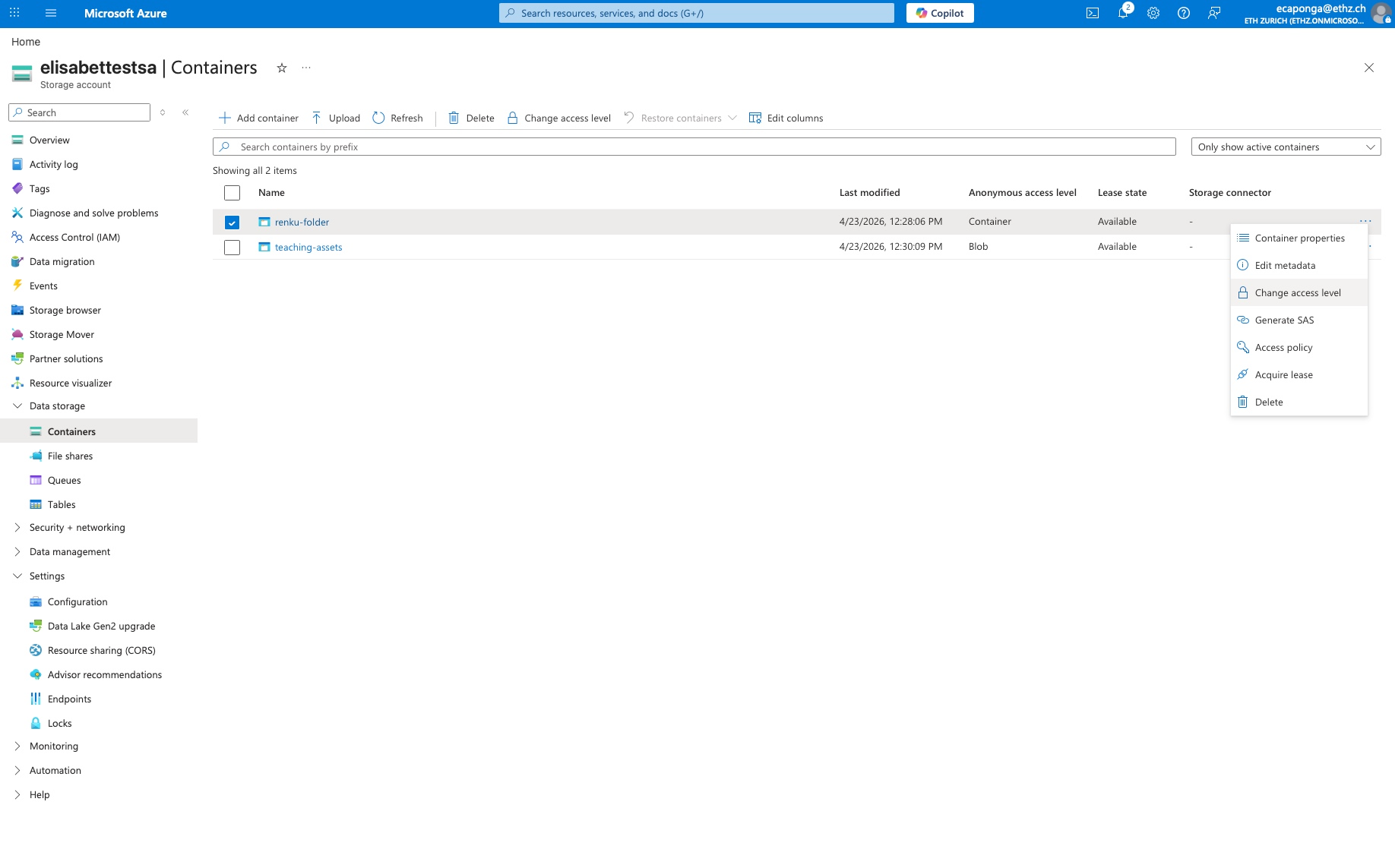 Azure portal: Change access level dialog with Container option selected