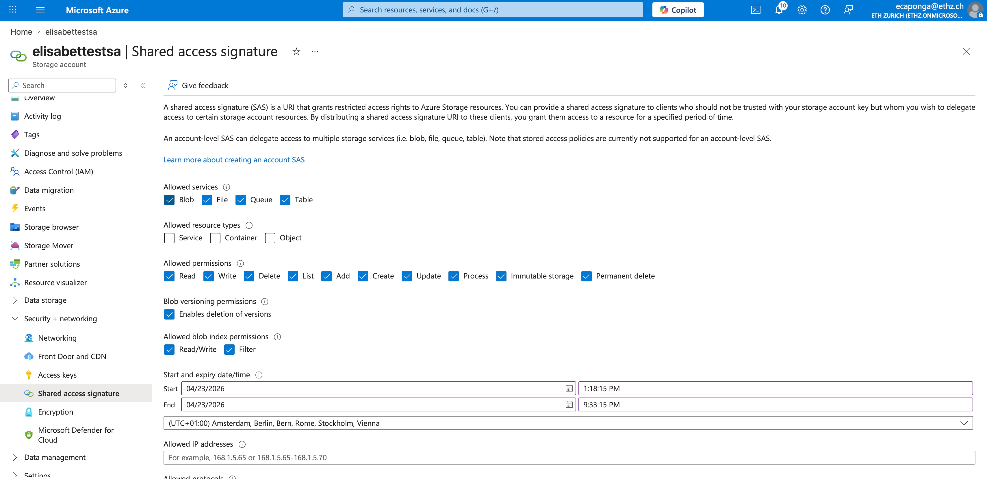 Azure portal: Shared access signature page with Blob service and Read/List permissions selected