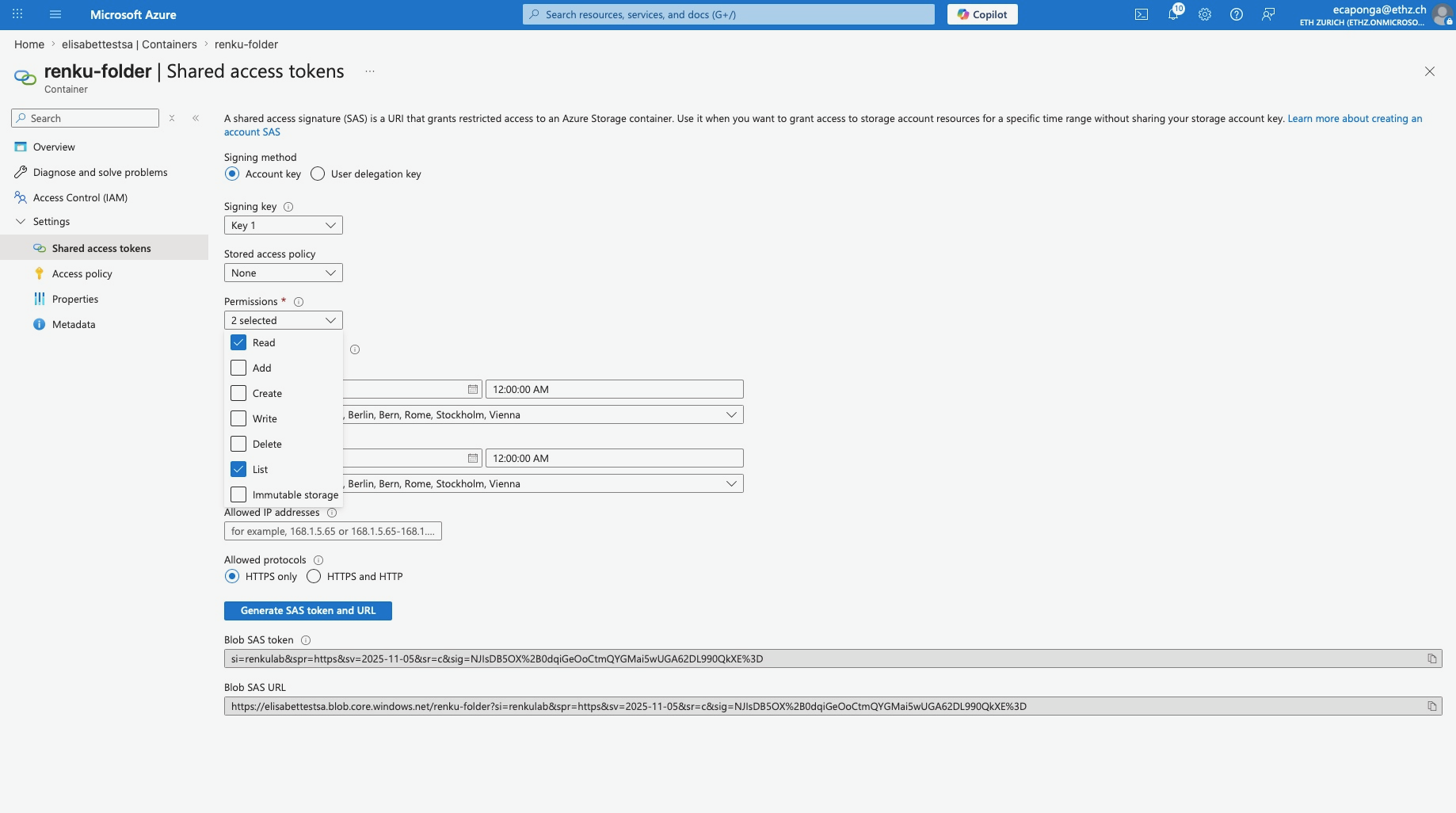Azure portal: Shared access tokens permissions panel