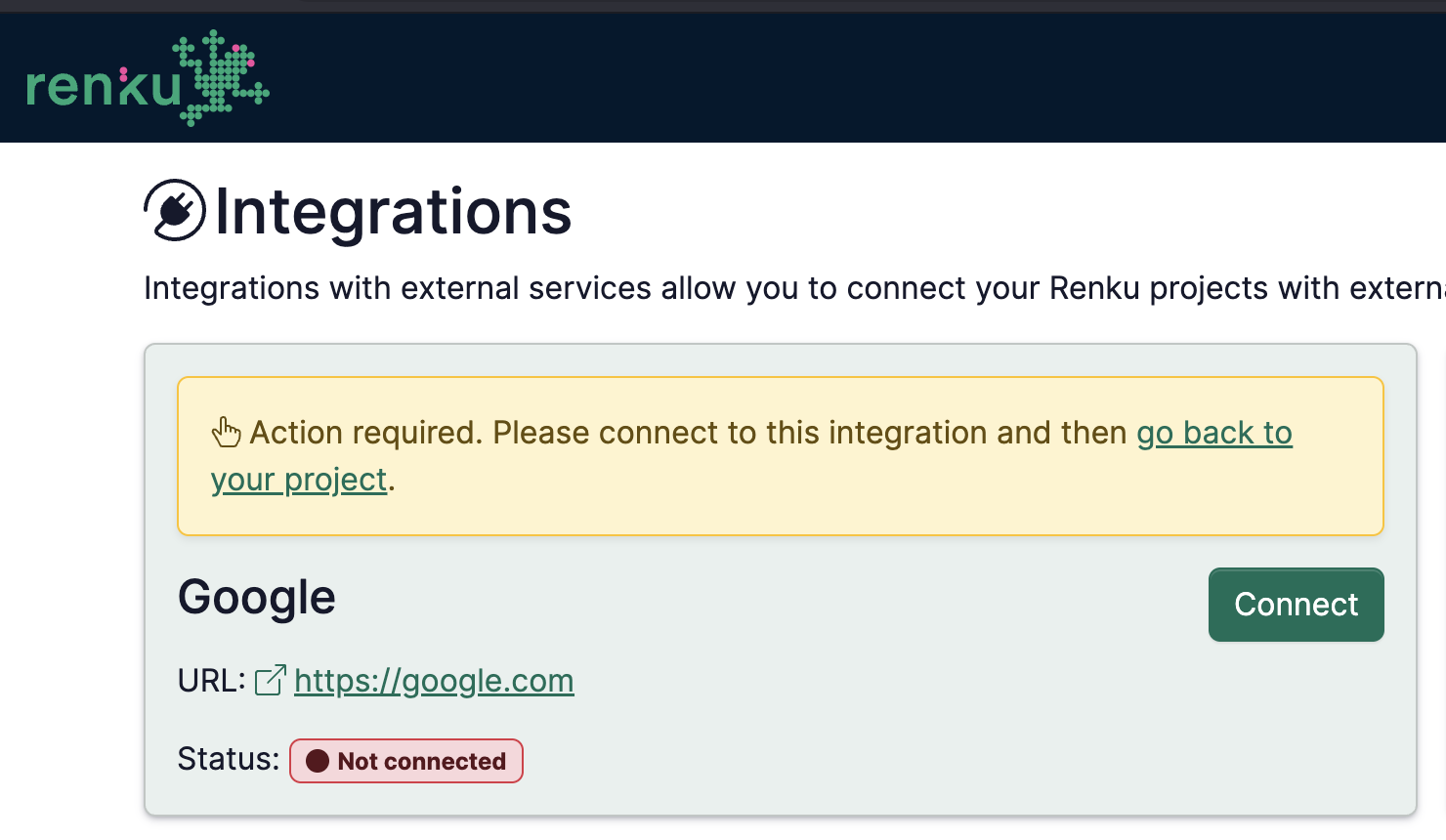 Integration page with connect prompt