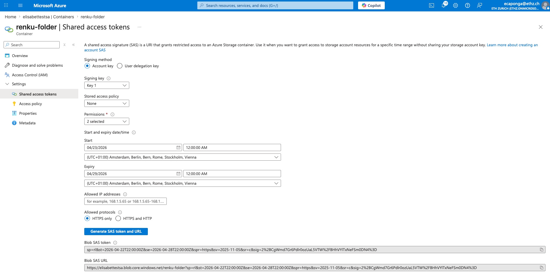 Azure portal: Generated SAS URL field to copy